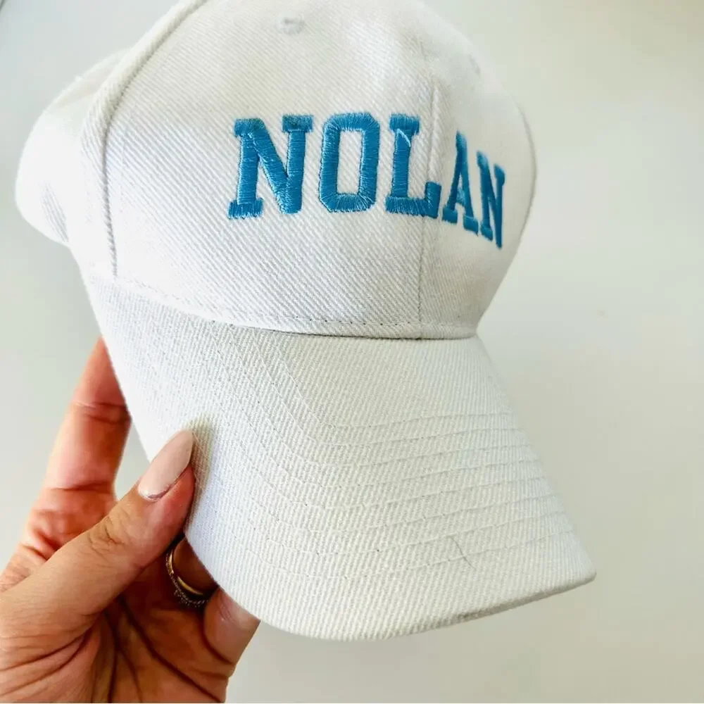 VINTAGE White Blue Nolan Lettered Stitched Hook Loop Adjustable Baseball Hat